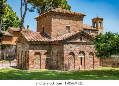 RAVENNA, ITALY - JUNE 27, 2019: The Mausoleum of Galla Placidia is a Roman building in Ravenna, Italy. It was added to the World Heritage List together with seven other structures in Ravenna in 1996.