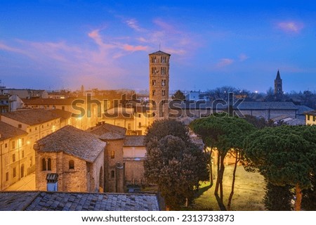 Ravenna, Italy old historic skyline with the Basilica of Sant'Apollinare Nuovo bell tower.