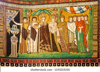 Ravenna, Italy - September 19, 2018: Mosaic Of Empress Theodora And Attendants. Byzantine Art From Basilica San Vitale In Ravenna.