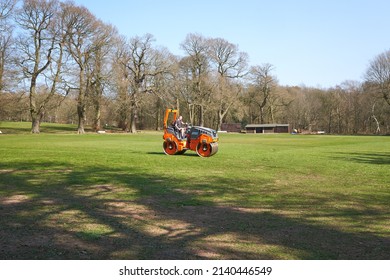 Ravenshead, Nottinghamshire, UK 03 25 2022 Road Roller On A Cricket Pitch