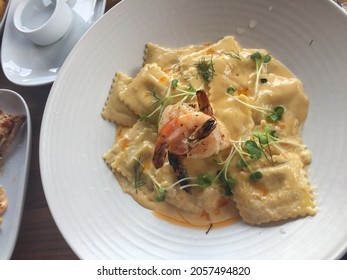 Ravioli Dish With Cheese And Shrimp Ordered From A Restaurant. 