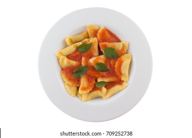 Ravioli Dish With Tomato Sauce Isolated On White Background. Top View