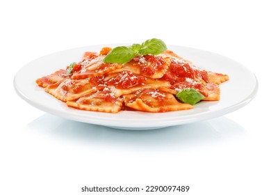 Ravioli pasta meal isolated on a white background from Italy for lunch eat dish with tomato sauce on a plate