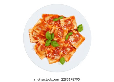 Ravioli pasta meal isolated on a white background top view eat from Italy for lunch dish with tomato sauce on a plate