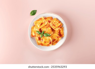 Ravioli with ricotta cheese, fresh tomato sauce and fresh basil on a pink background. Top view.  - Powered by Shutterstock