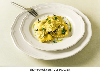 Ravioli With Spinach And Cheese, Green Sauce, On A Light Background, Selective Focus, No People,