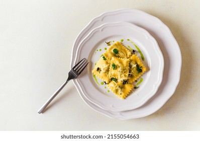 Ravioli With Spinach And Cheese, Green Sauce, On A Light Background, Selective Focus, No People,