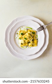 Ravioli With Spinach And Cheese, Green Sauce, On A Light Background, Selective Focus, No People,