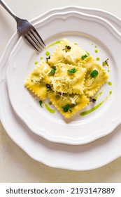 Ravioli With Spinach And Cheese, Green Sauce, On A Light Background, Selective Focus, No People,