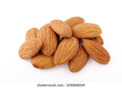 Raw Almonds On A White Background.