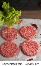 Raw Appetizing Fresh Meat Burger Cutlet On A Sheet Of Paper