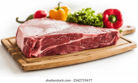 Raw Beef Cut: A triangular piece of raw beef on a wooden board, surrounded by fresh red and yellow bell peppers and green lettuce, showcasing vibrant colors. - Powered by Shutterstock