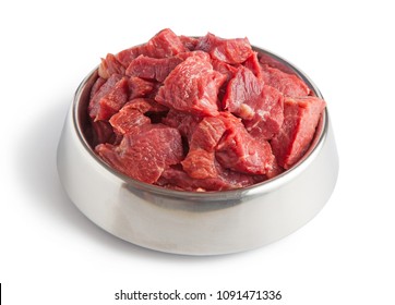 Raw Beef Meal In Bowl, Fresh, Natural Food For Dog Or Cat, Isolated On White Background.