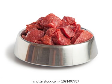 Raw Beef Meal In Bowl, Fresh, Natural Food For Dog Or Cat, Isolated On White Background.