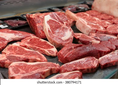 Raw beef on a butcher shop shelf