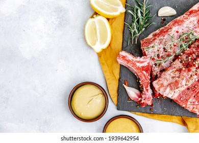 Raw Beef Ribs, Fresh Meat With Mustard Sauce, Top View, Flat Lay, Copy Space 