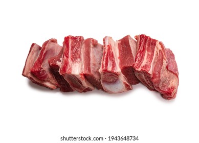 Raw Beef Ribs Isolated On White Background. Top View. 