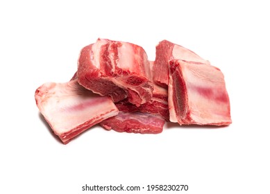 Raw Beef Ribs Isolated On White Background. Top View. 