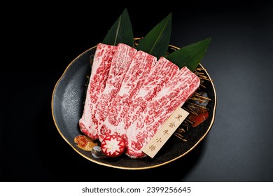 Raw Beef spare ribs for the Yakiniku, Sukiyaki, barbecue and Shabu.for Japanese bbq or Korea bbq。Translate：“牛小排”meaning is dish name。