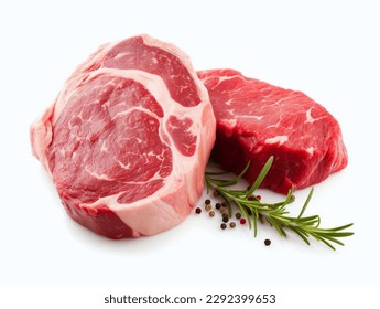 Raw beef steak with rosemary and peppercorns on white background - Shutterstock ID 2292399653