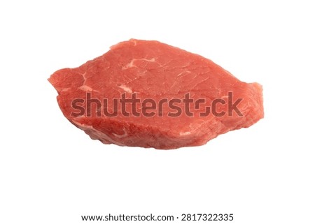 Raw beef steak slice displayed on a plain white background for product and culinary reference
