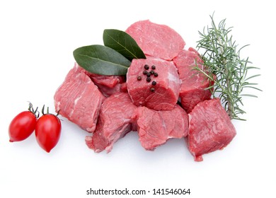 Raw Beef Stew On White Background