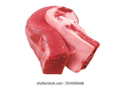 Raw Beef Or Veal Brisket Isolated On White Background, Close Up, Top View.