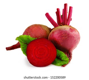 Raw Beet Vegetables With Slice And Green Leaves Isolate On White Background