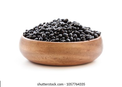 Raw  Black Beans In Wooden Bowl Isolated On White 