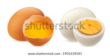 Raw and boiled chicken eggs isolated on white background with clipping path