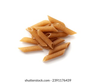 Raw Brown Pasta Isolated, Wholegrain Penne Pile, Dry Whole Grain Noodle, Raw Spelt Macaroni, Healthy Italy Food, Organic Meal, Wholewheat Pasta on White Background