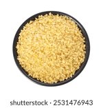 Raw bulgur in bowl isolated on white, top view