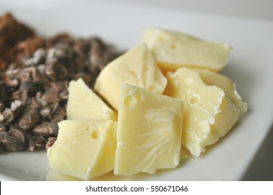 Raw Cacao Butter And Cacao Nibs For Making Chocolate