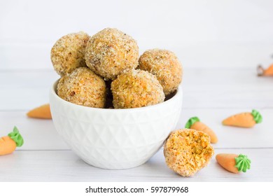 Raw Carrot Cake Energy Balls In White Bowl.