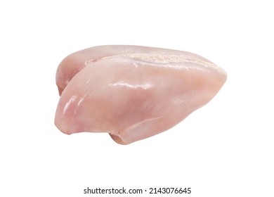 Raw Chicken Breast Isolated On White Background. Fresh Uncooked Part Of Broiler Hen Without Skin. Side View.