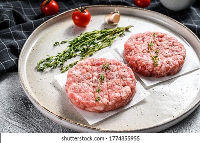 Raw Chicken Cutlets, Ground Meat Patty. Organic Mince. White Background. Top View