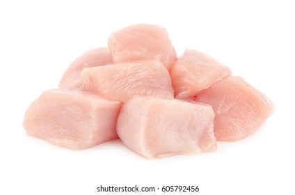 Raw Chicken Fillet Breast Cut Into Pieces Isolated On White Background