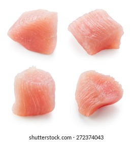 Raw Chicken Fillet. Small Pieces Of Meat Isolated On White. Collection.