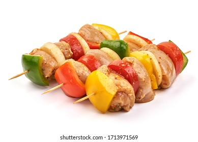 Raw Chicken Kebab And Fresh Vegetables, Ready To Cook, BBQ, Isolated On White Background.