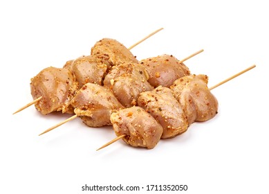 Raw Chicken Kebab, Ready To Cook, BBQ, Isolated On White Background.