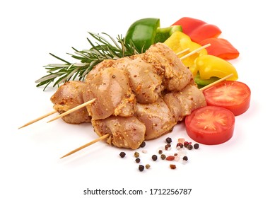 Raw chicken kebab, ready to cook, BBQ, isolated on white background.