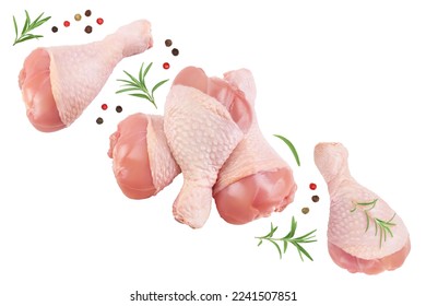 Raw chicken leg or drumstick isolated on white background with full depth of field. Top view. Flat lay