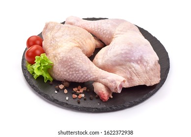 Raw Chicken Leg Quarters, Isolated On White Background.