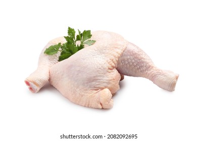 Raw Chicken Leg Quarters With Parsley On White Background