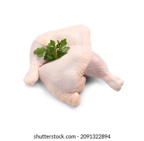 Raw Chicken Leg Quarters With Parsley On White Background, Top View