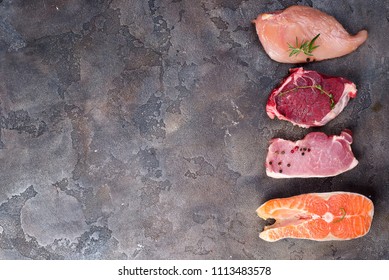 Raw Chicken, Meat And Fish Isolated On Stone. Lean Proteins.