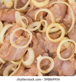 Raw Chicken Meat In Marinade For A Shish Kebab.