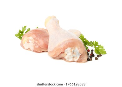 Raw Chicken Meat And Spices Isolated On White Background