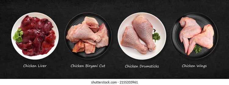 Raw Chicken Meat, Chicken Wings, Chicken Liver, And Drumsticks With Indian Spices. Complete Animal Based Protein Source. Copy Space. Non Vegitarian Food Banner. 