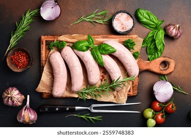 Raw chicken sausages with rosemary and spices, ready to be grilled. On a wooden cutting board. Close up. - Powered by Shutterstock